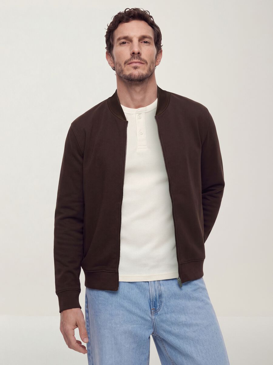 Brown full-zip sweatshirt in stretch piqu&eacute; with ribbed collar_0