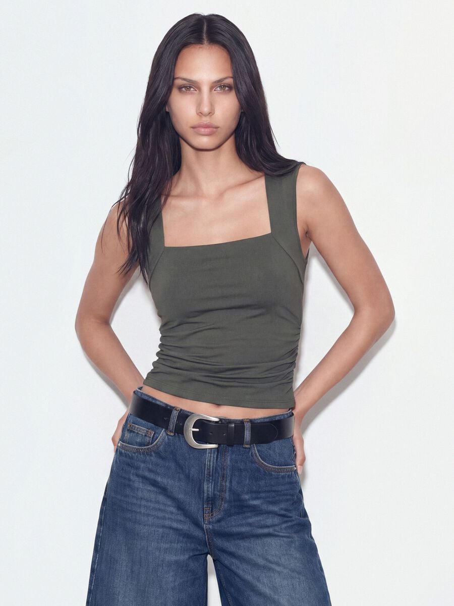 Green stretch tank top with side ruching_0