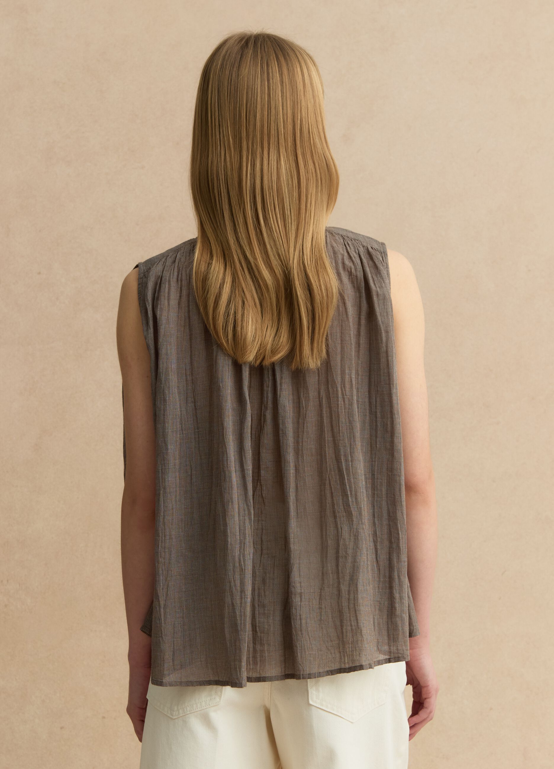 Blouse sans manches en coton pur marron coupe r&eacute;guli&egrave;re