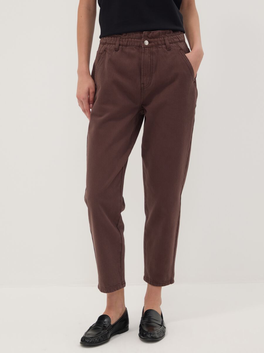 Brown baggy-fit pure cotton denim jeans with paperbag waist_1