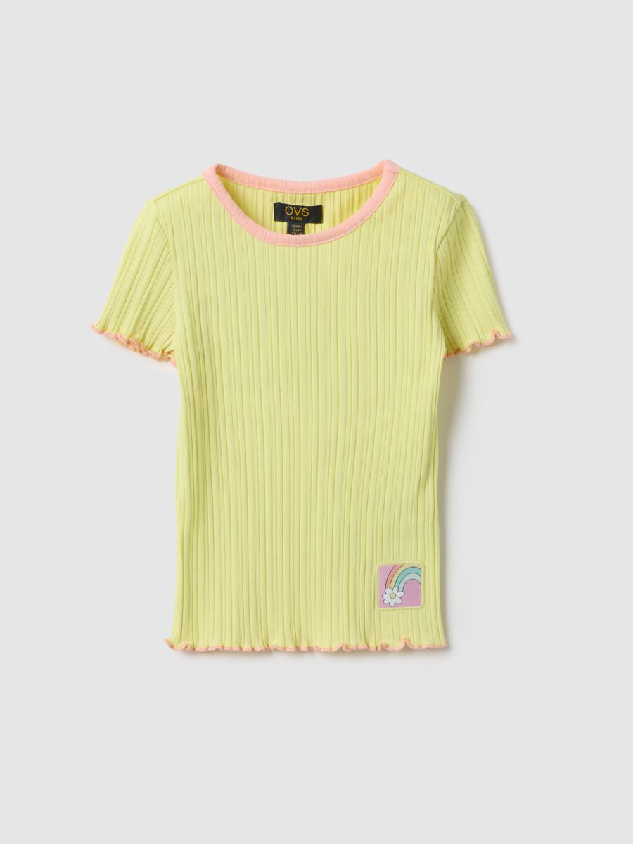 Yellow striped cotton girl&rsquo;s regular fit t-shirt with patch_0
