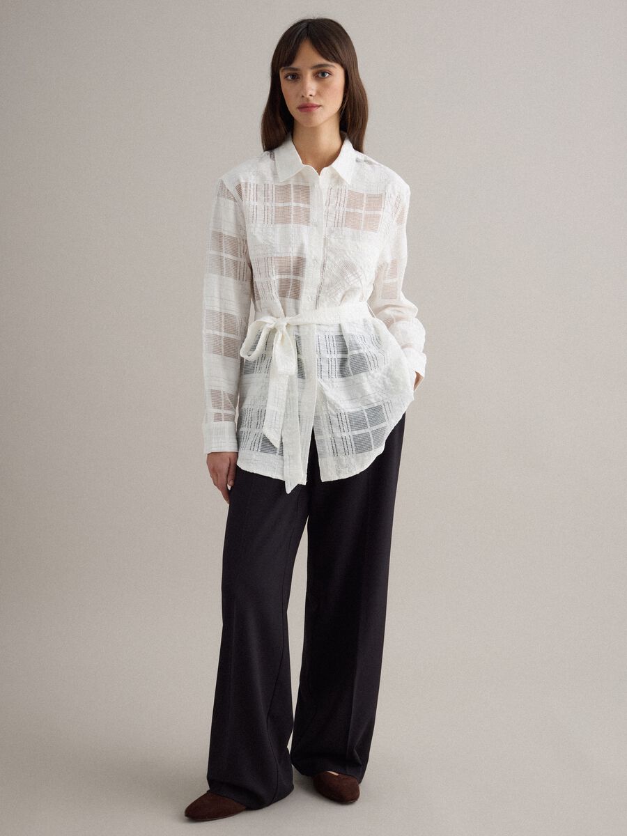 White viscose blend oversized fit semi-transparent check shirt_1