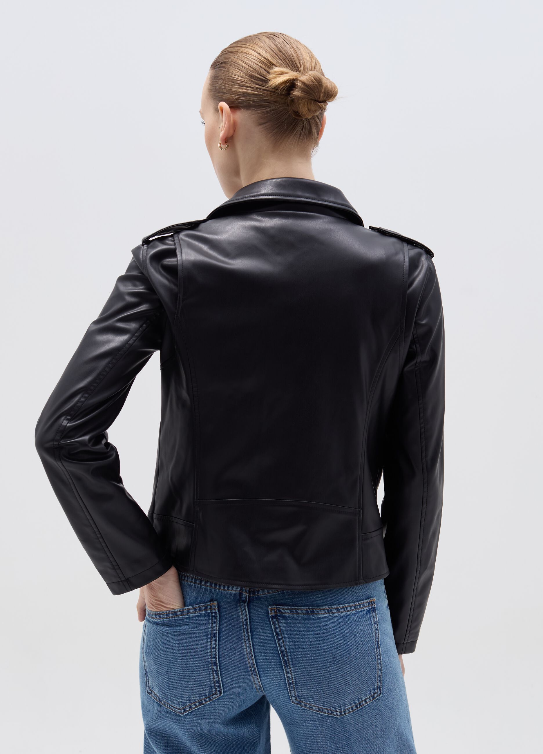 Glossy-effect biker jacket with zip