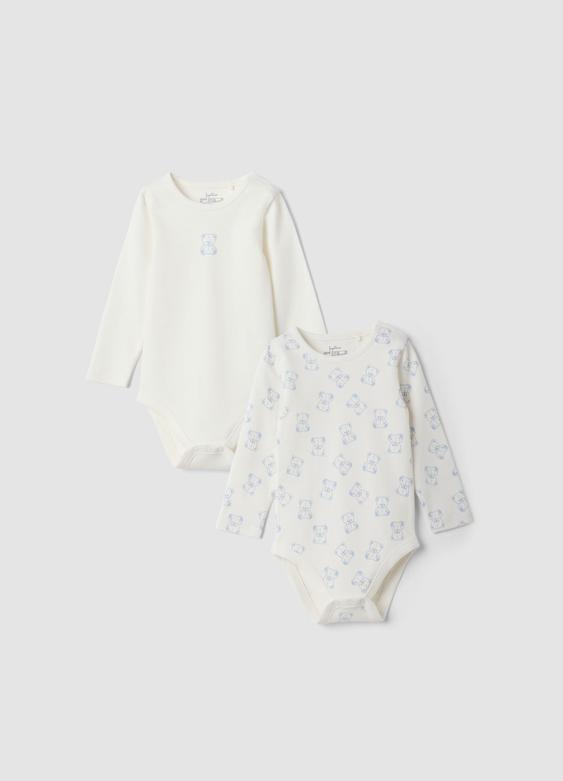 2-pack white organic cotton baby bodysuits with teddy bear print
