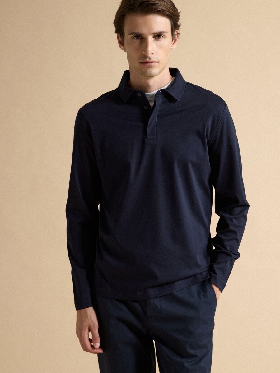 Blue long-sleeved pure cotton polo_0