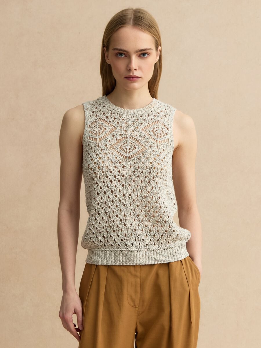 Fitted beige cotton blend mesh vest_1