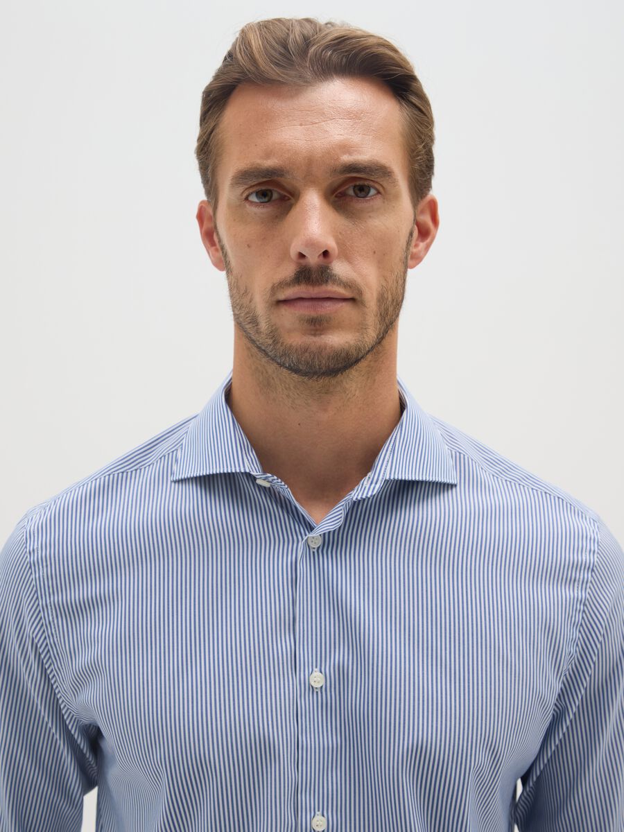 Blue slim stripe shirt with French collar and buttons_1