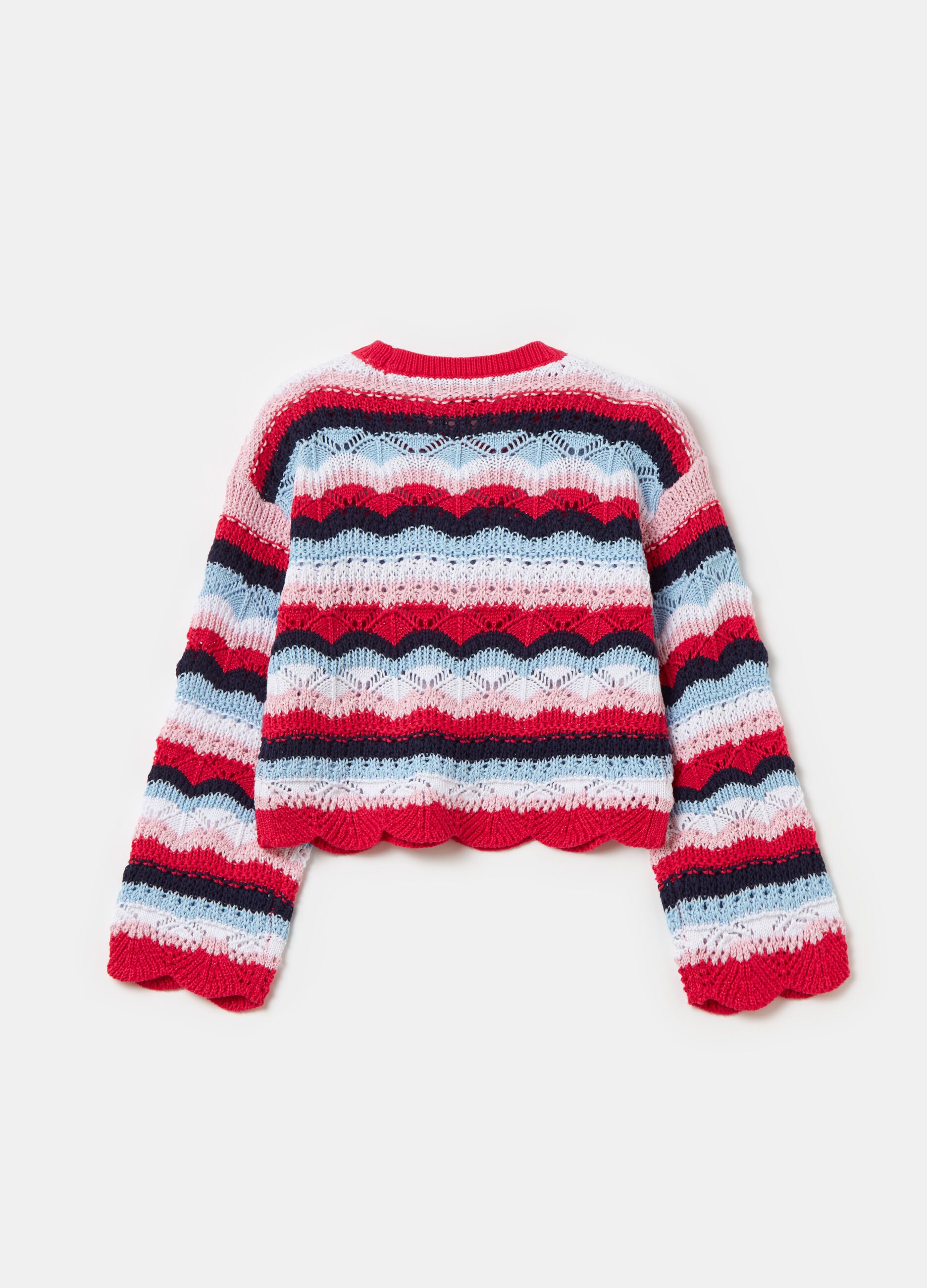 Striped pullover with crochet design