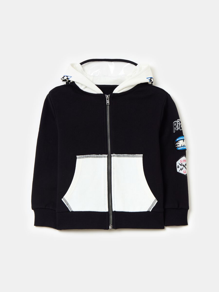 Full-zip sweatshirt with hood and racing bike print_0