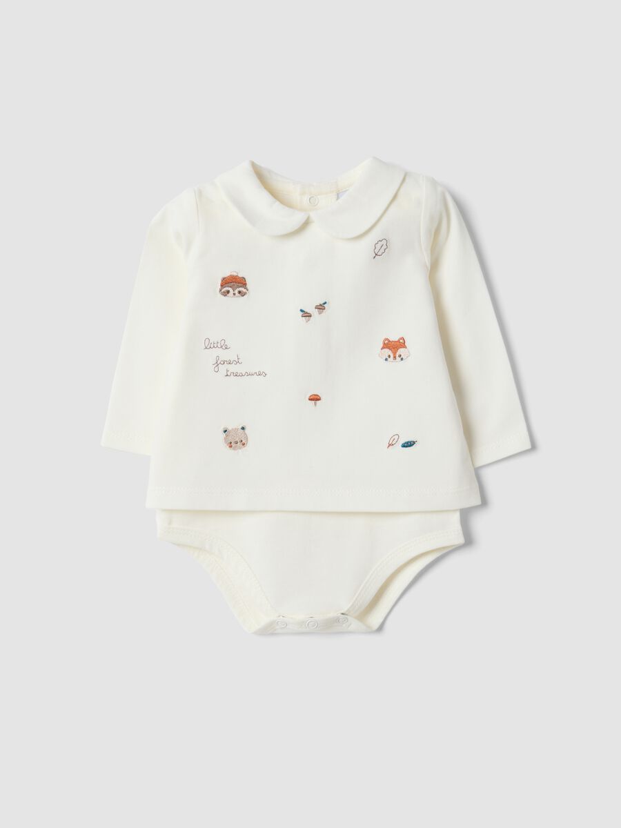 White organic cotton baby bodysuit with collar_0