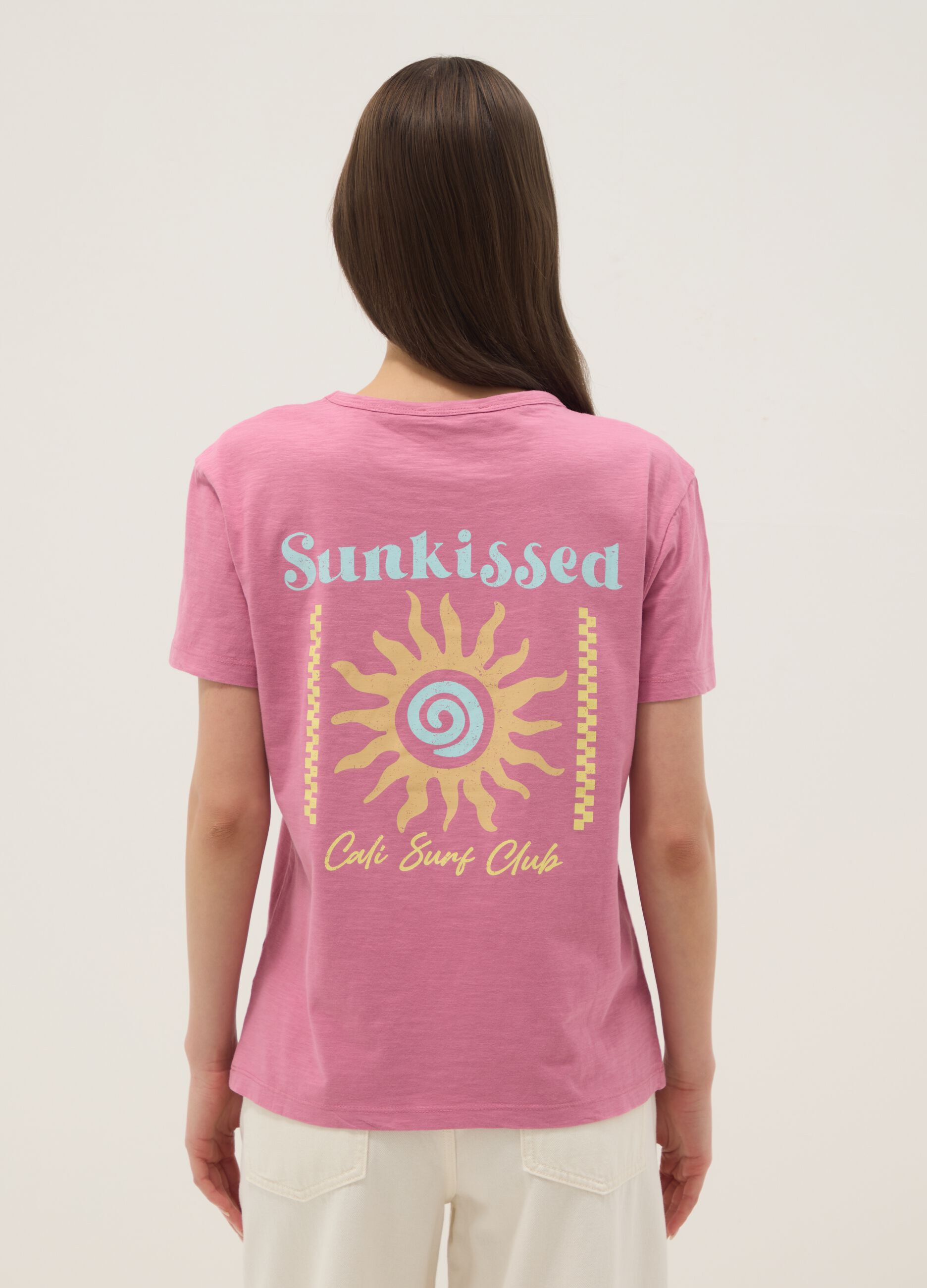 Rosa T-Shirt aus reiner Baumwolle im Relaxed Fit mit Sonnenprint