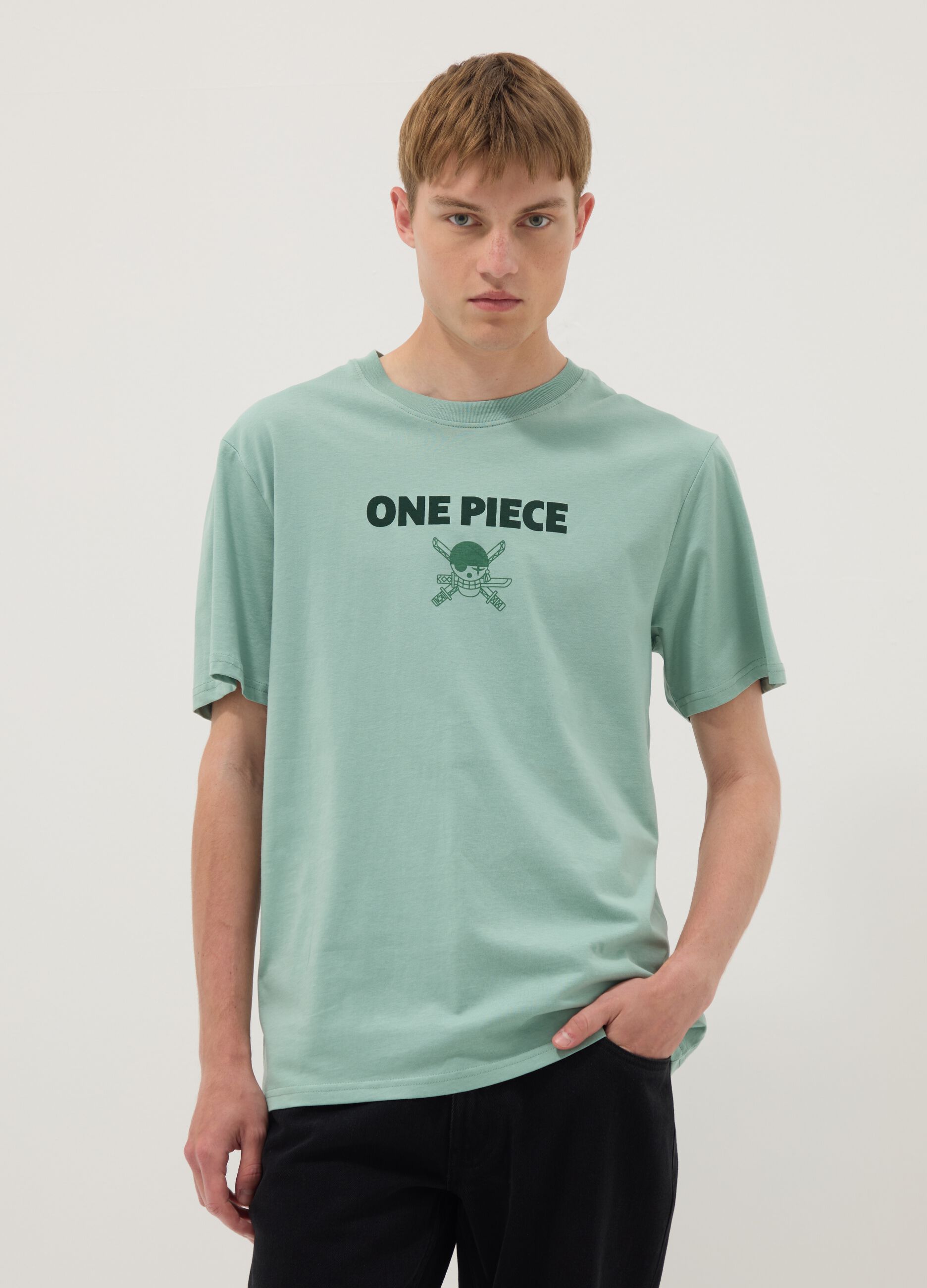 Green pure cotton One Piece slogan T-shirt, relaxed fit