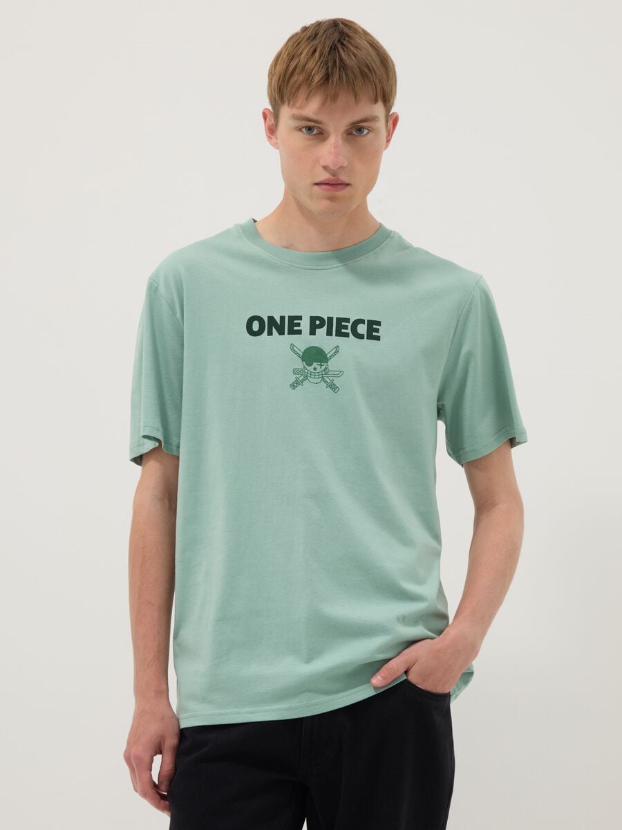 Green pure cotton One Piece slogan T-shirt, relaxed fit_1