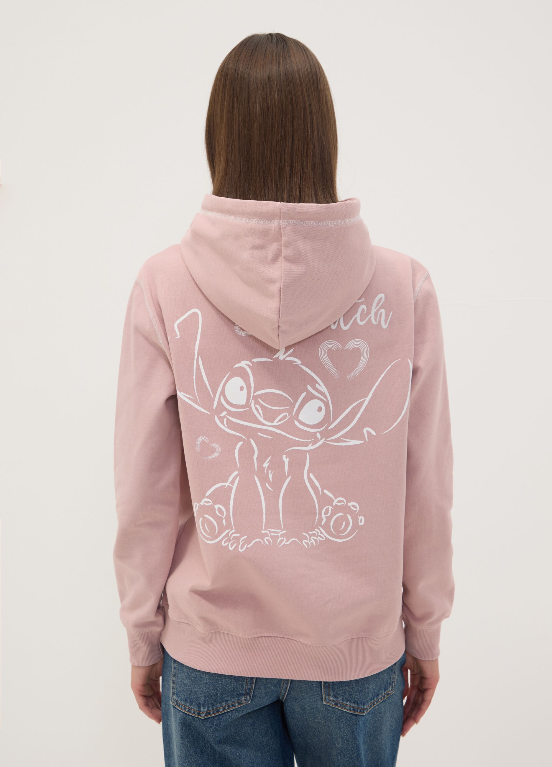 Sweatshirt rosa com capuz em algod&atilde;o puro com estampado Lilo & Stitch