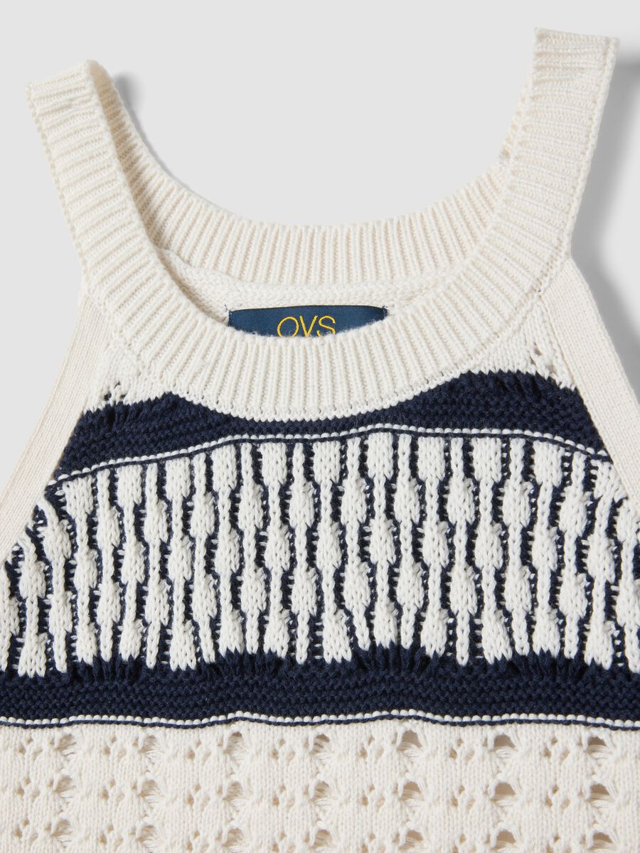 Fitted maxi dress in pure cotton with openwork knit and multicolour stripes_5