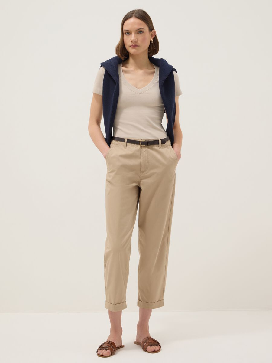 Beige Stretch Cotton Regular Fit T-shirt Deep V_0