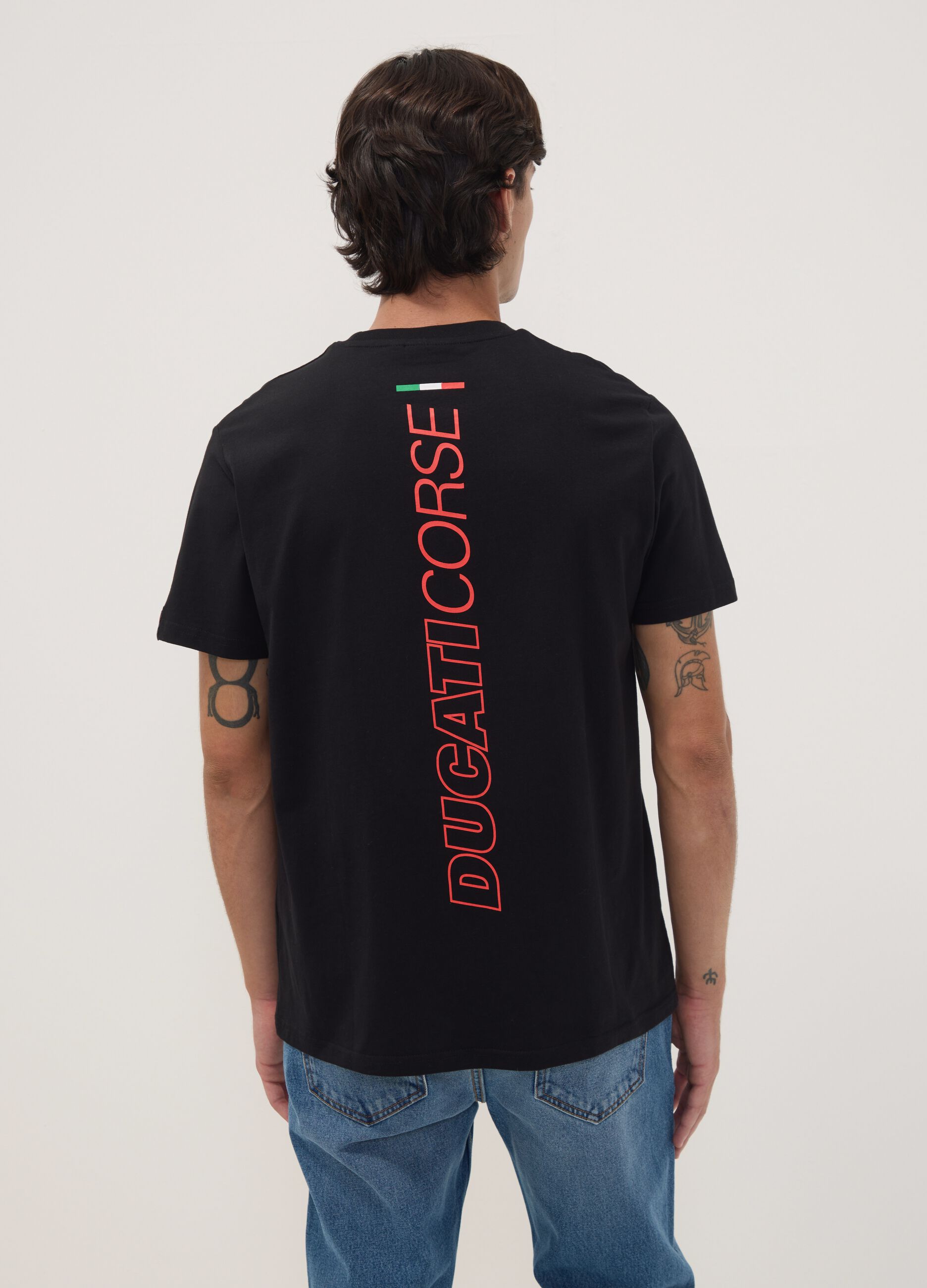 T-shirt preta em algod&atilde;o puro com estampado Ducati, regular fit