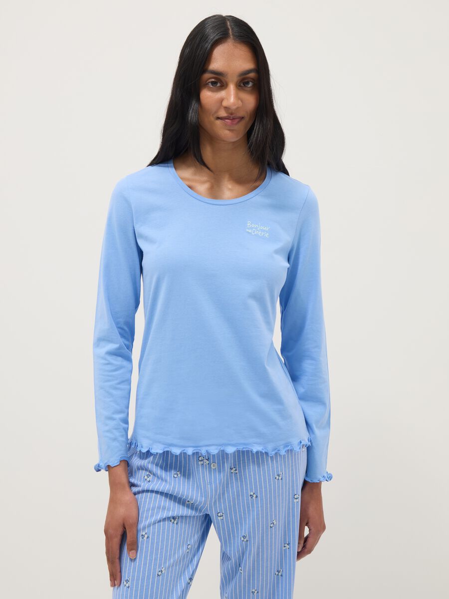 Sky blue pure cotton regular fit pyjamas with ruffles_1