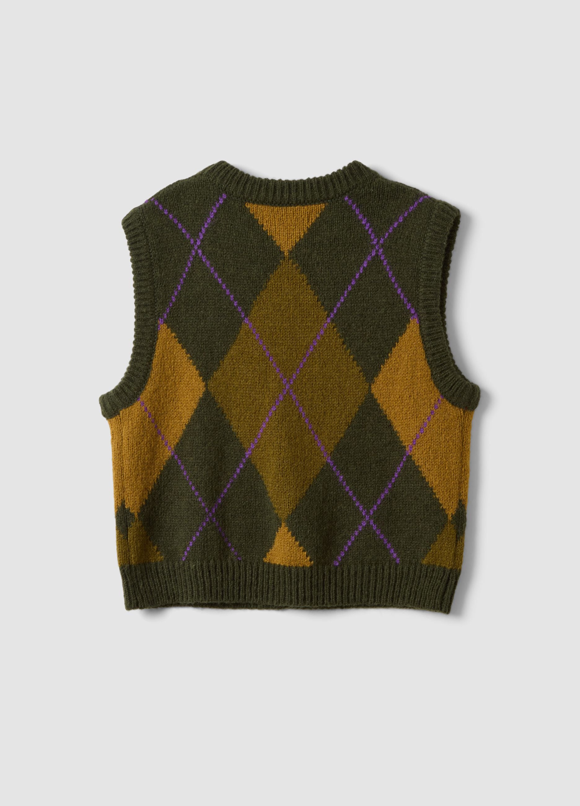 Green jacquard wool-blend crew-neck gilet, regular fit
