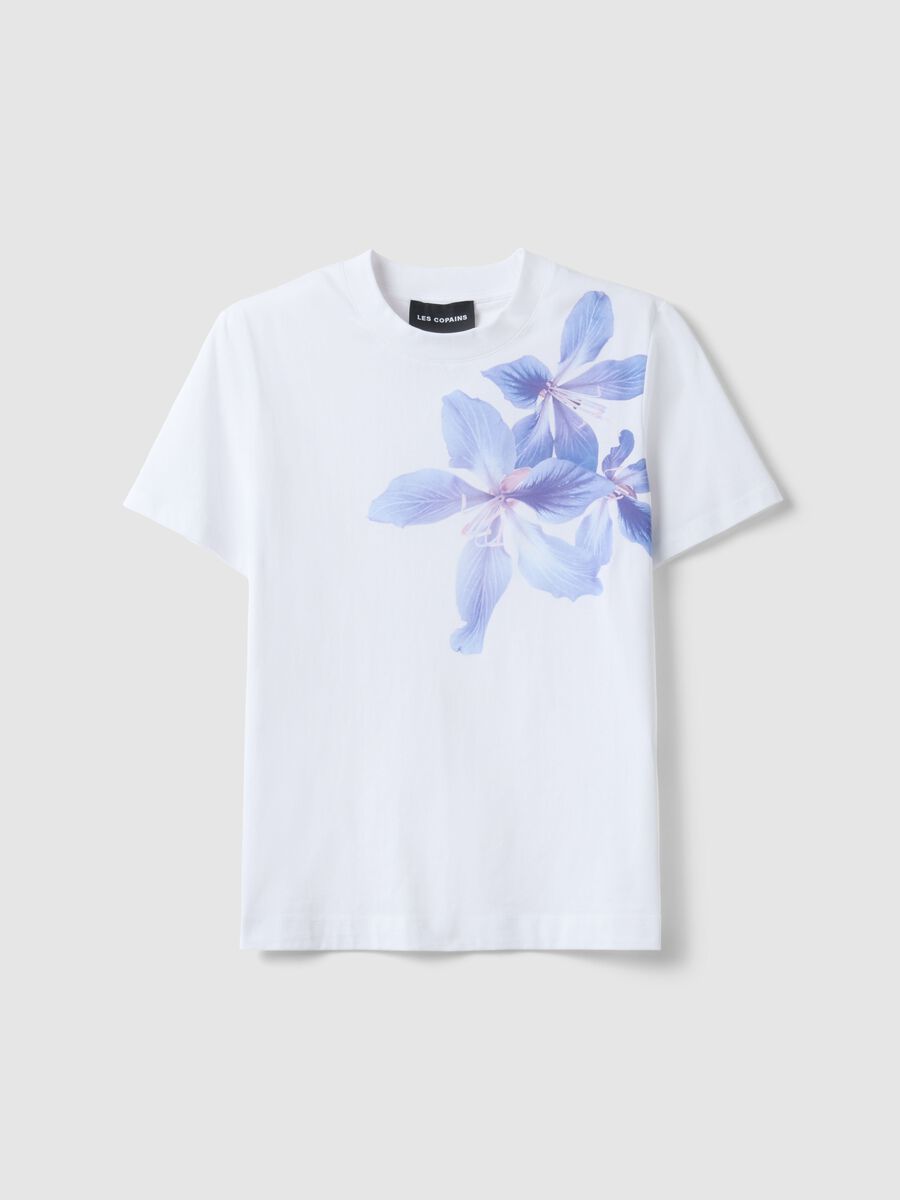 White pure cotton regular fit t-shirt with floral print_0