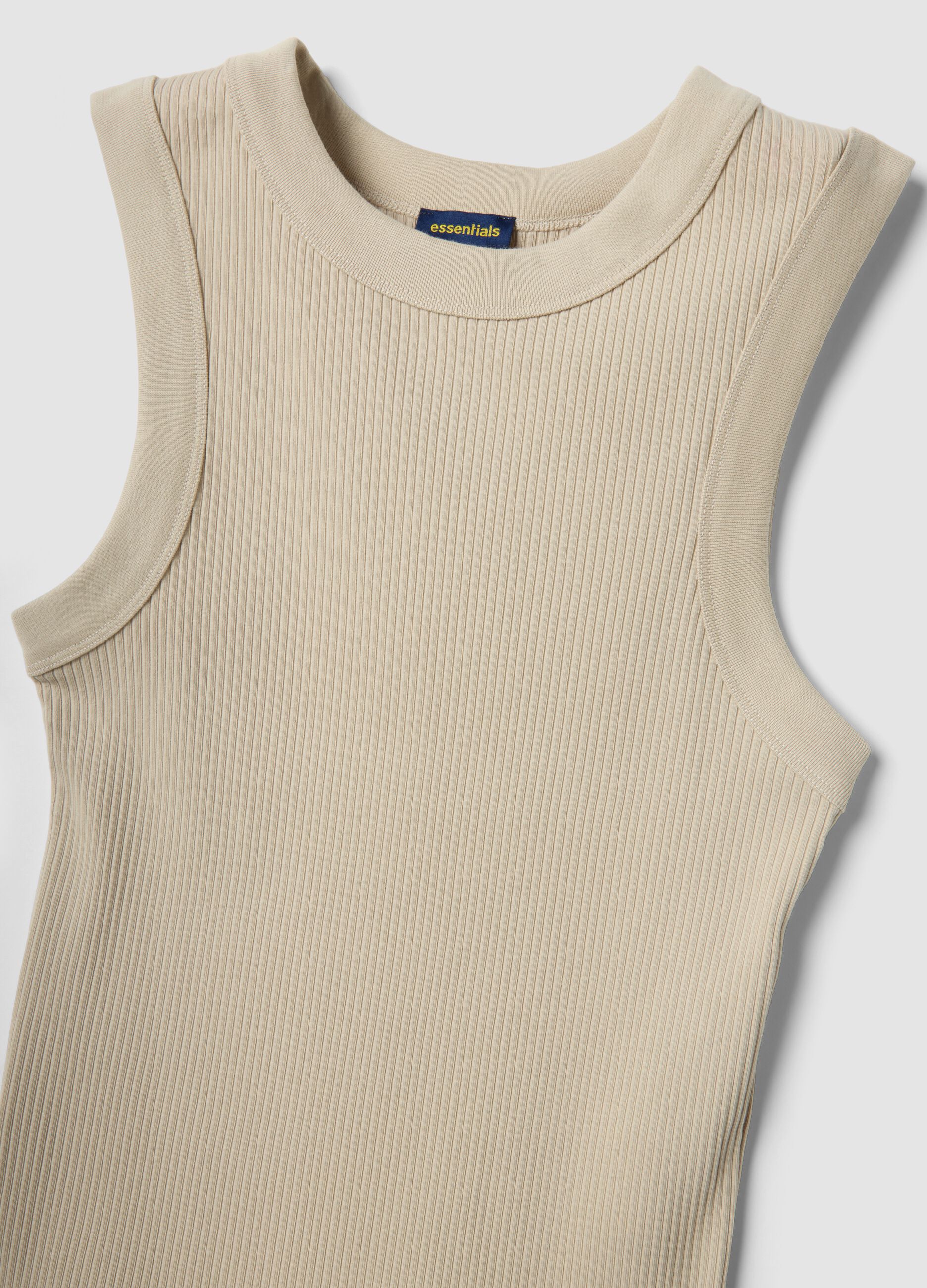 Beige fitted ribbed stretch-cotton tank top