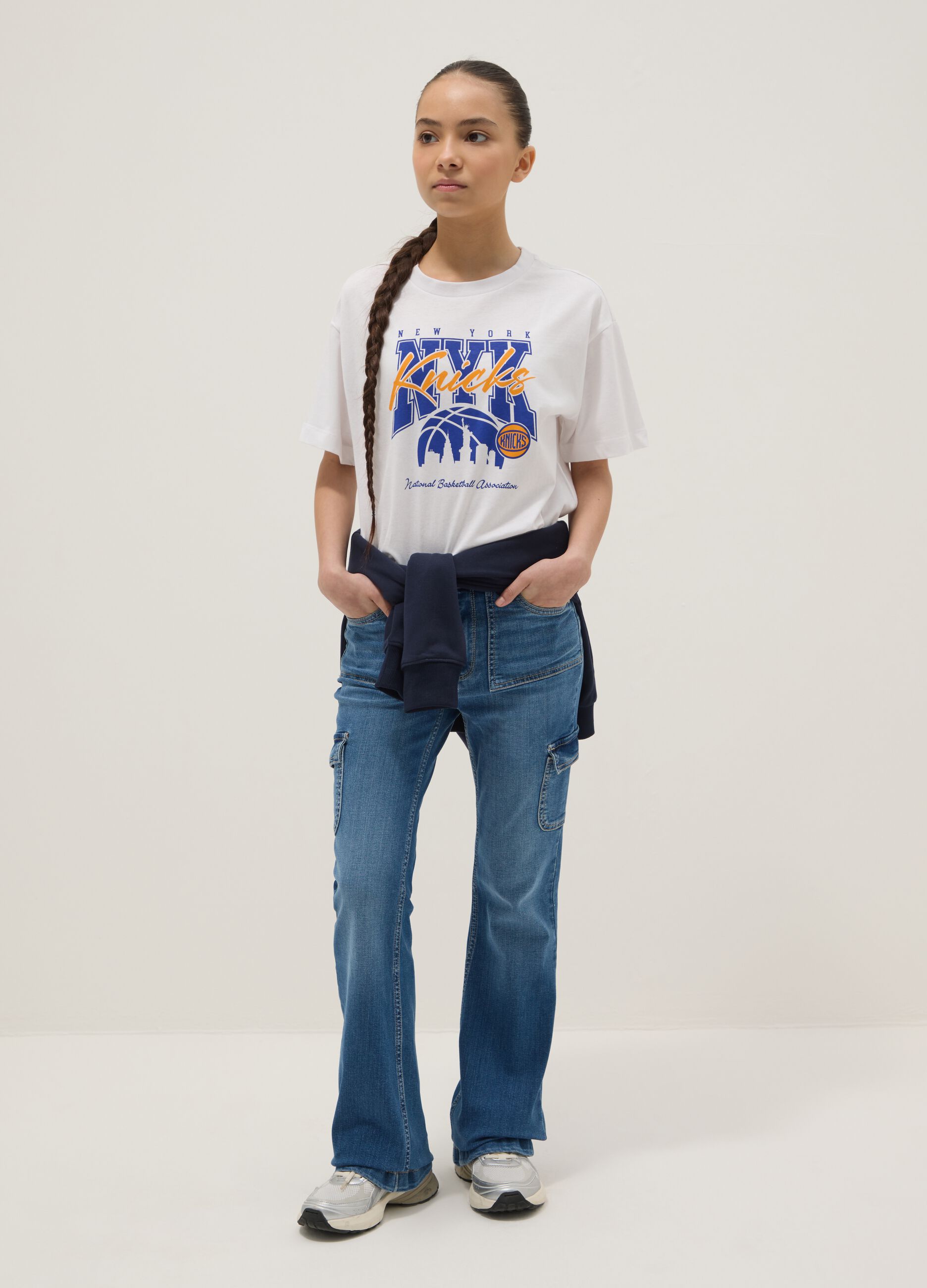 Girls' regular fit stretchy blue cotton flare trousers