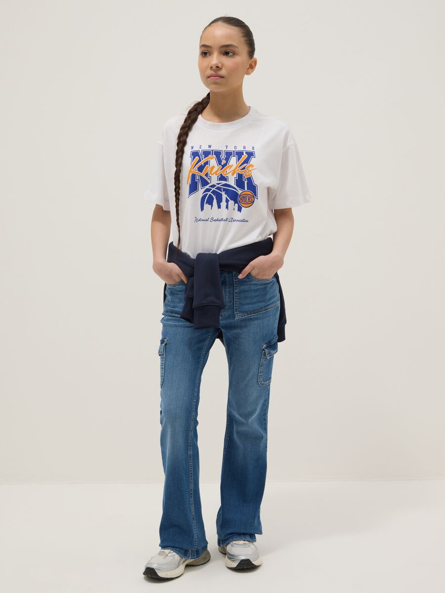 Girls' regular fit stretchy blue cotton flare trousers_0