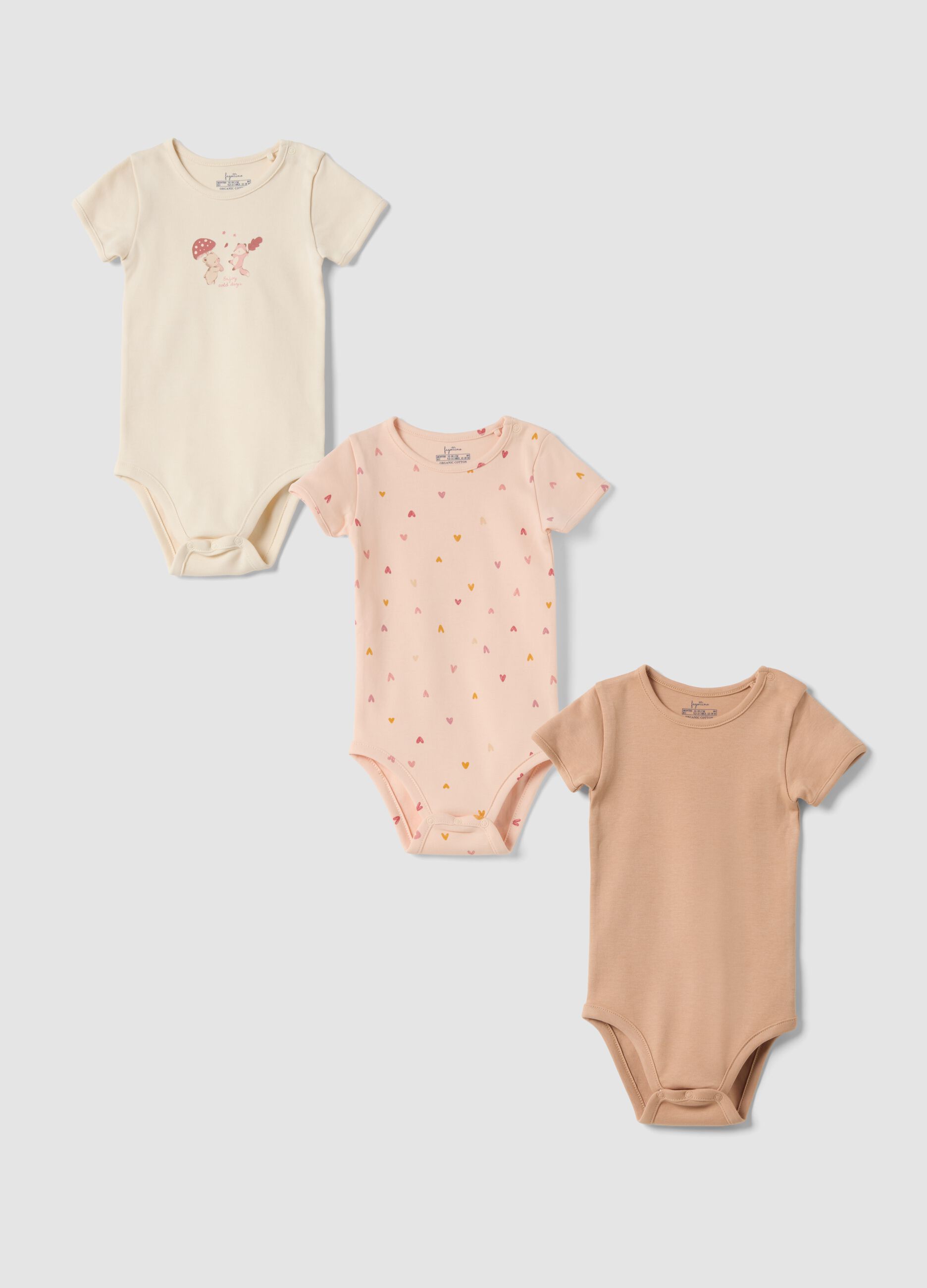 Tripack di body rosa in puro cotone organico con girocollo