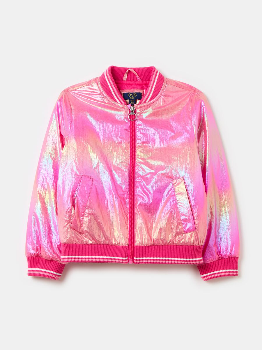 Full-zip shiny-effect bomber jacket_0