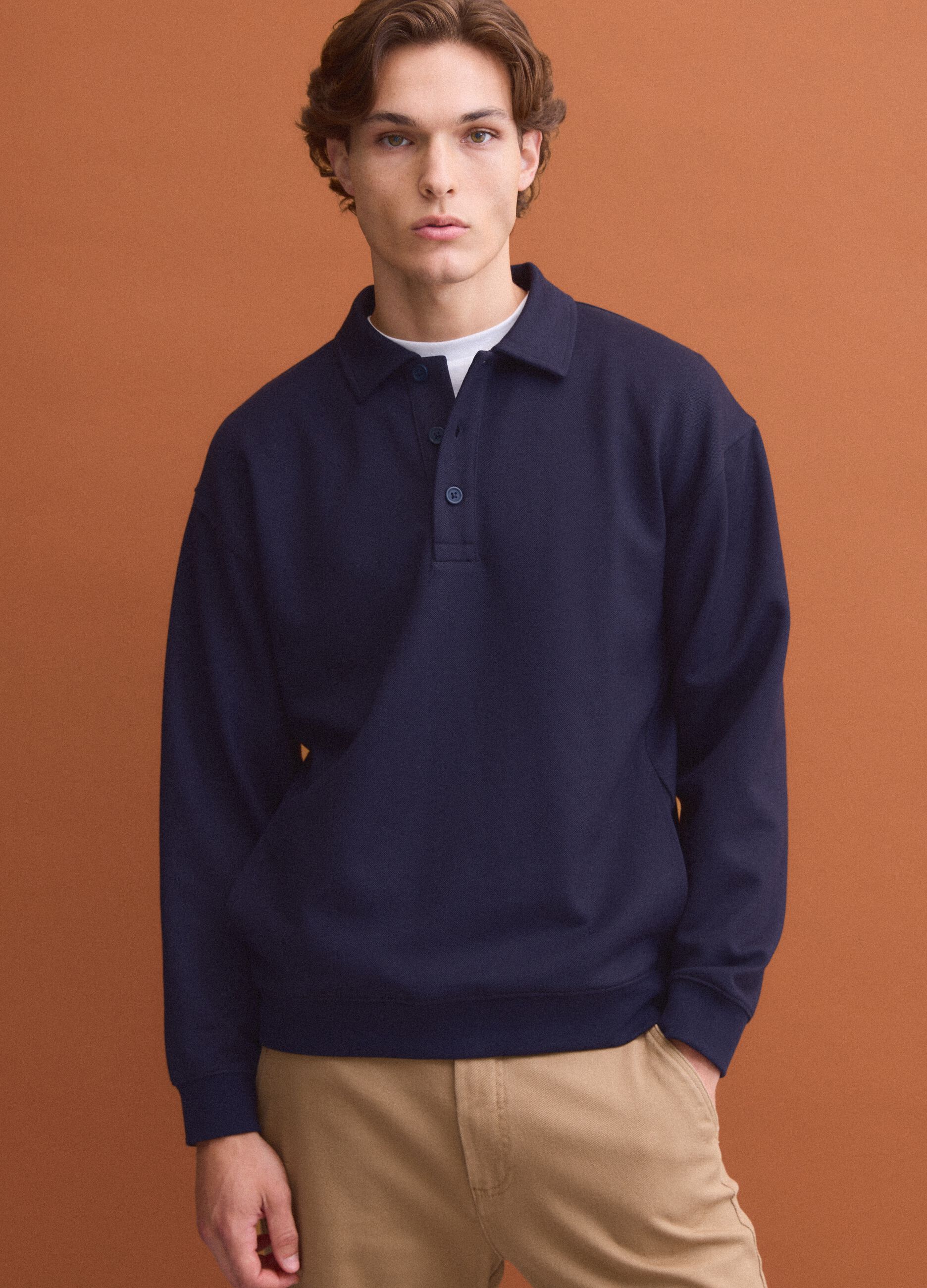 Navy stretch polo-collar sweatshirt with a relaxed fit