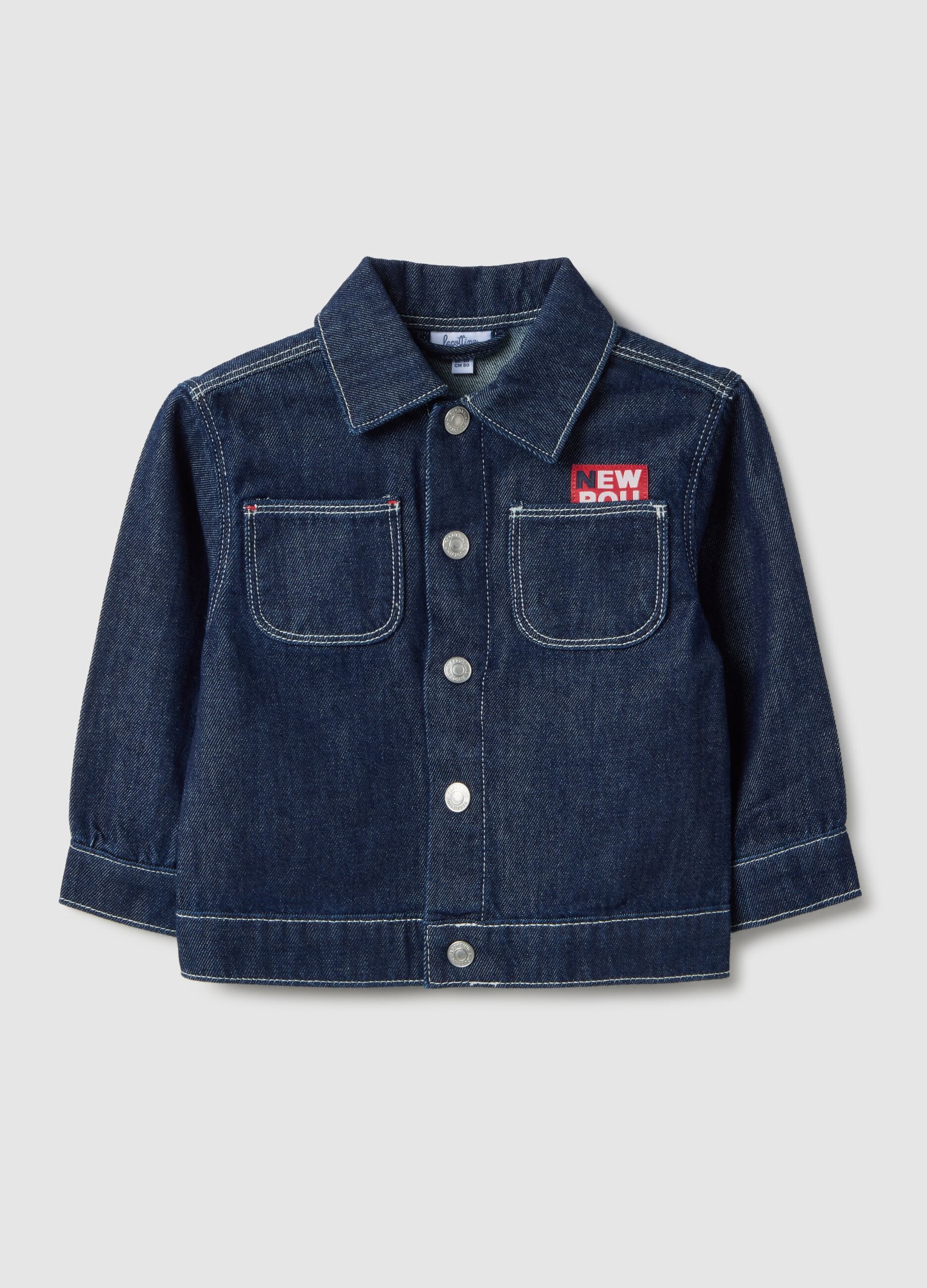 Blue regular fit pure cotton denim jacket with buttons for boy
