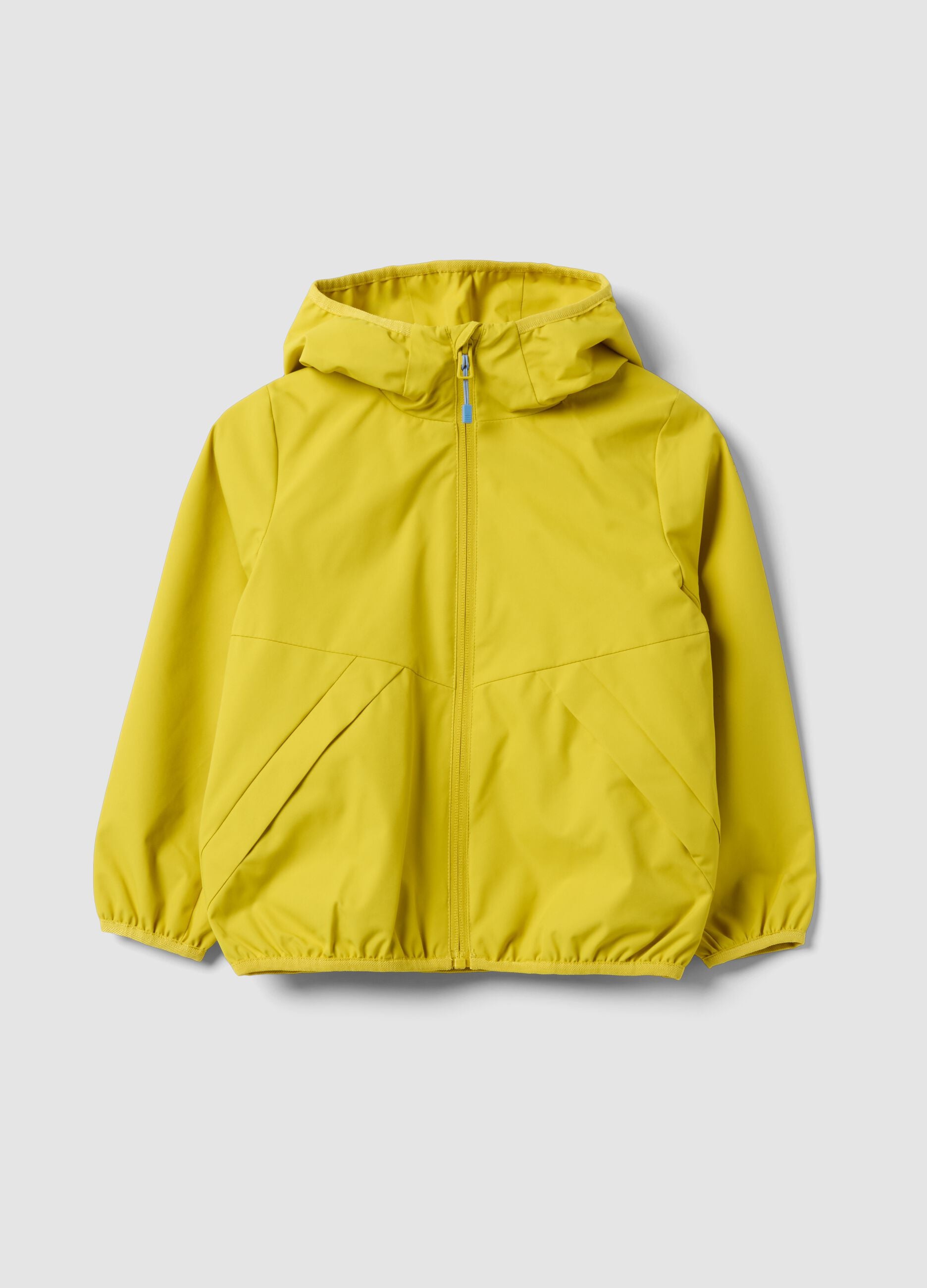 Yellow rain jacket with hood and zip, oversized fit for boys