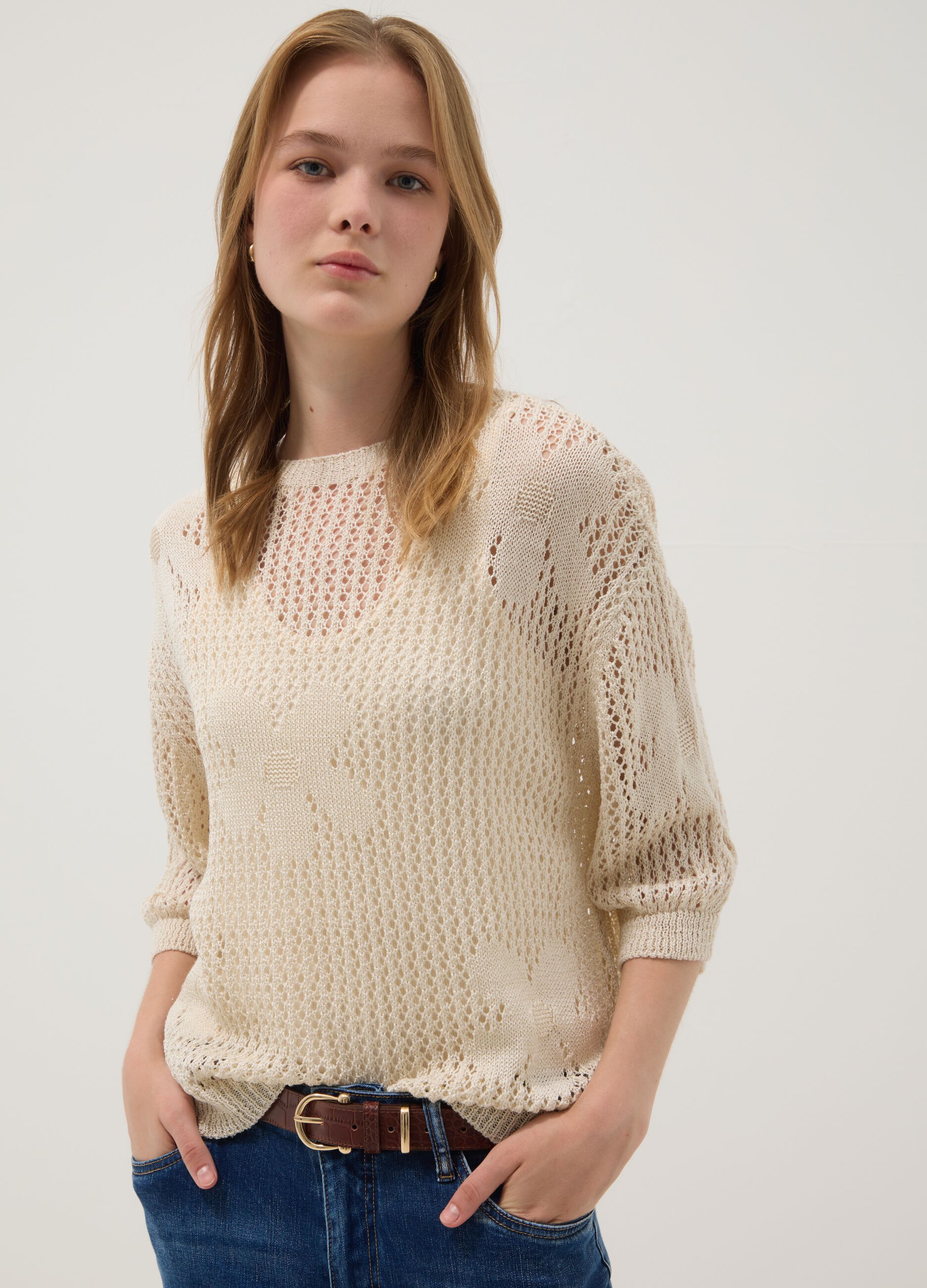 Beige open-knit floral regular-fit top