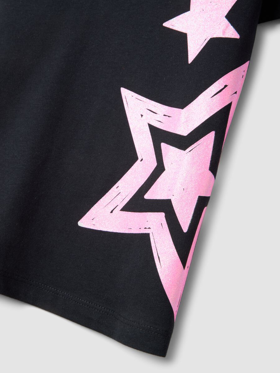 Girls' Regular Fit Black Pure Cotton T-Shirt with Stars_3