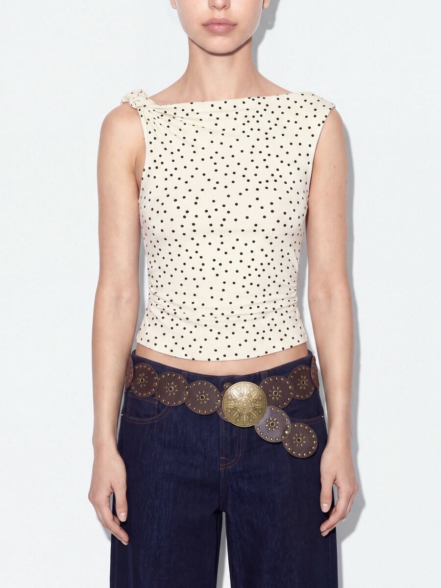 White asymmetric one-shoulder slim-fit polka-dot stretch viscose top_3