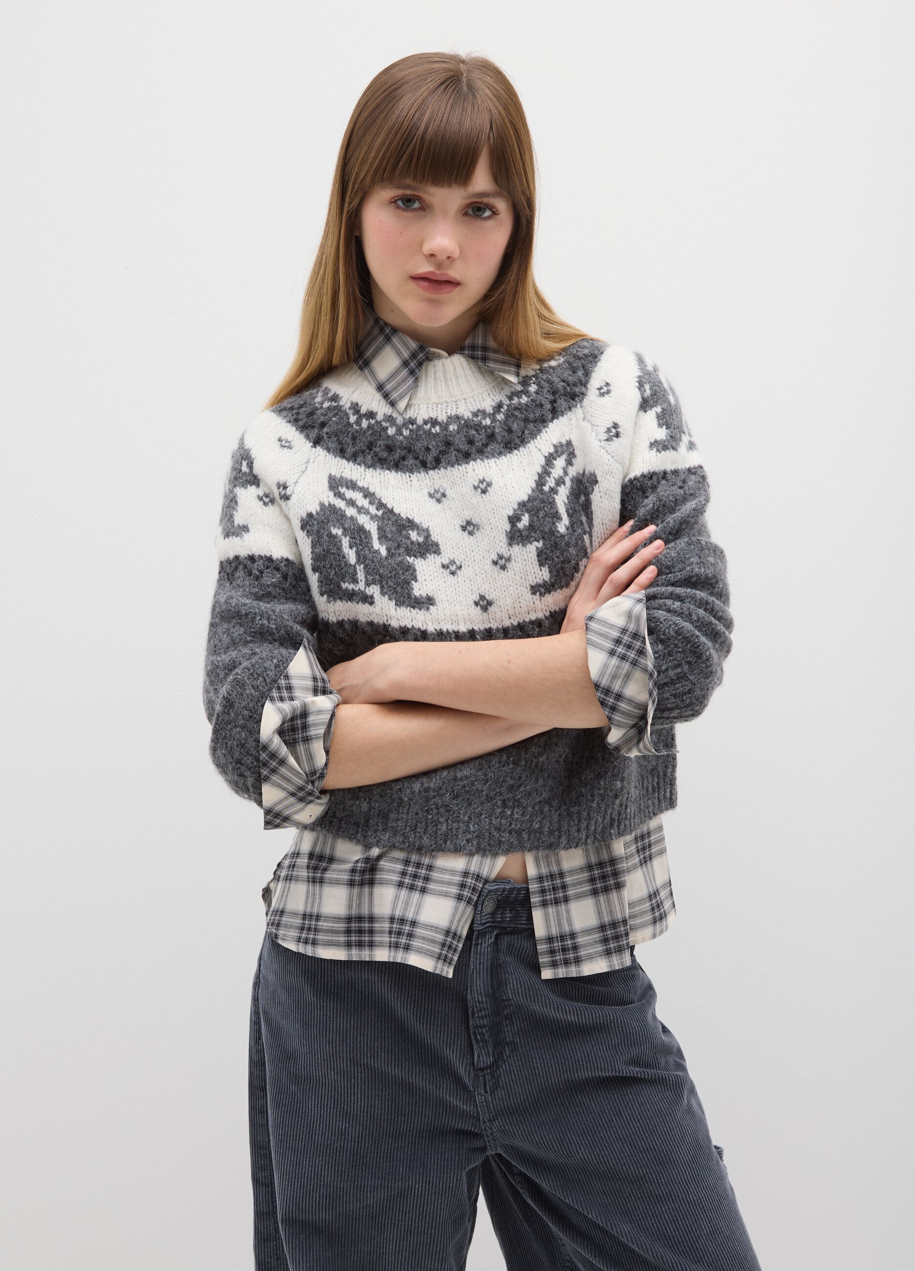 Grey and white jumper with rabbit pattern