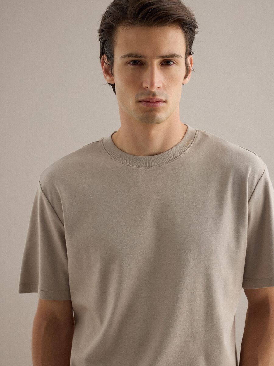 Beige Pure Cotton Crew Neck T-Shirt Regular Fit_1