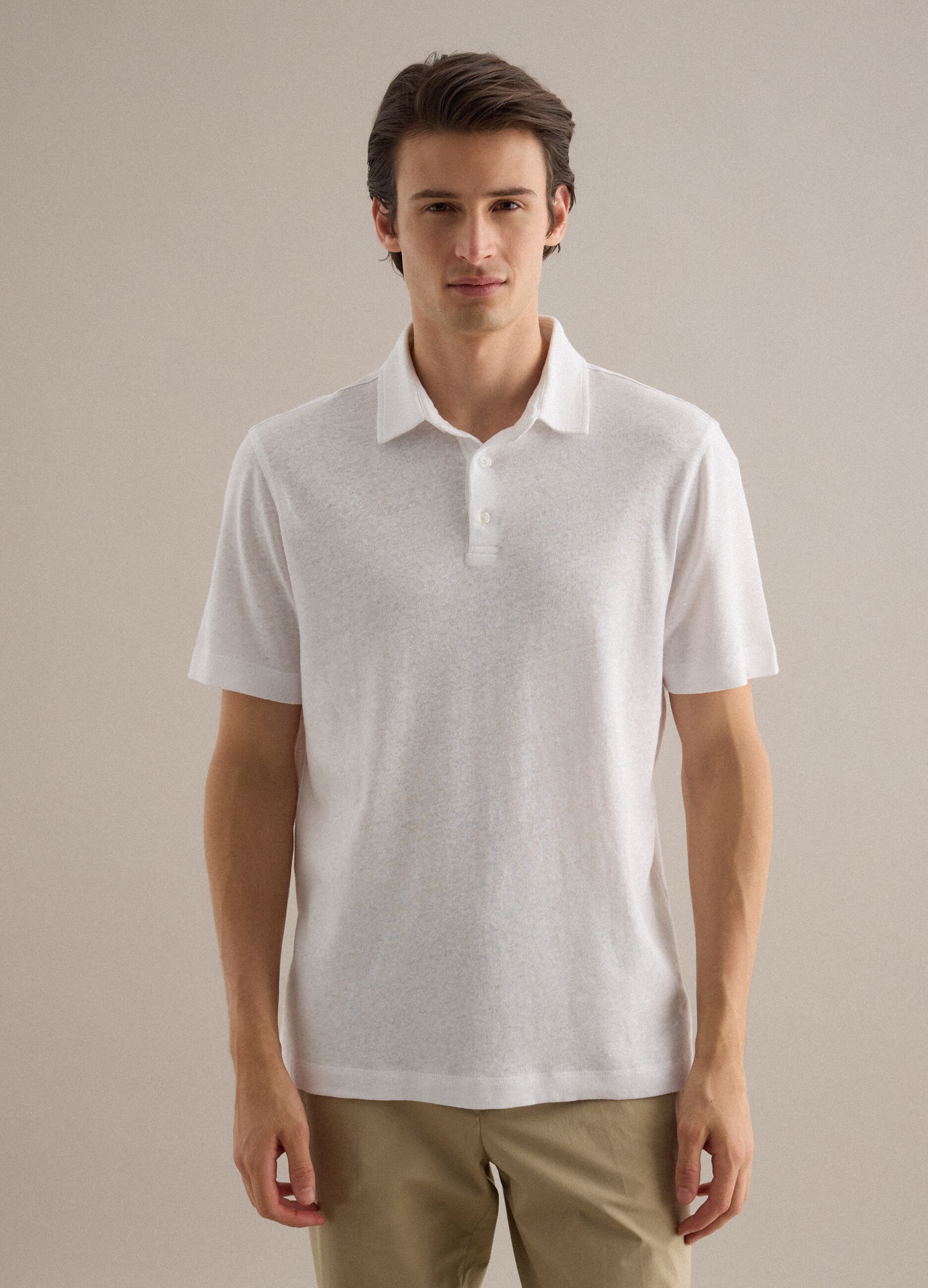 White linen-cotton blend regular fit polo