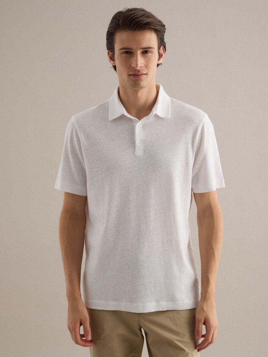 White linen-cotton blend regular fit polo_0