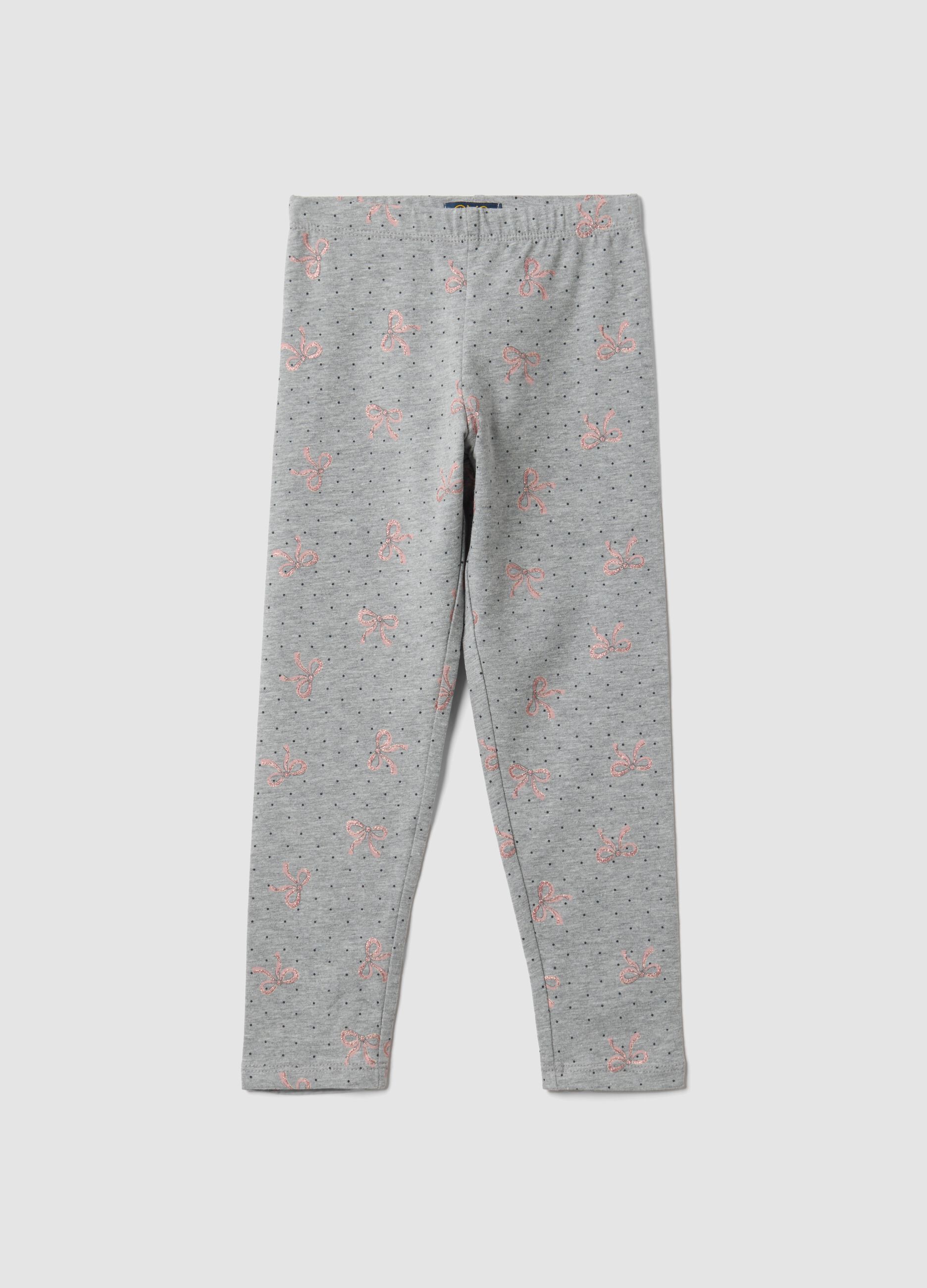Leggings skinny grigi in cotone organico elasticizzato con fiocchi per bambina