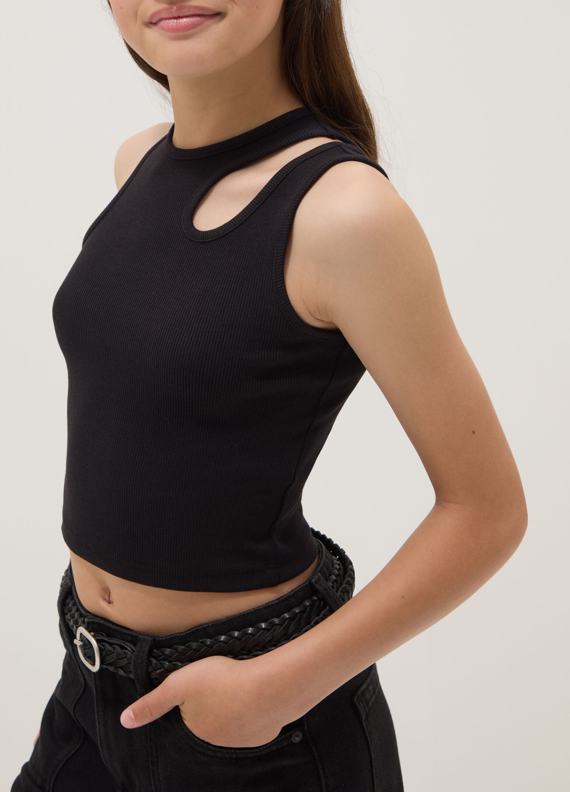 Black organic cotton tank top with asymmetric shoulder