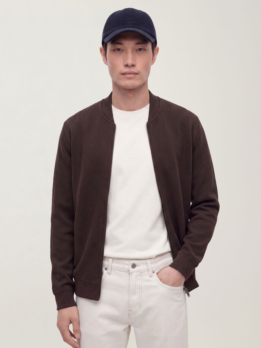 Brown full-zip sweatshirt in stretch piqu&eacute; with ribbed collar_0