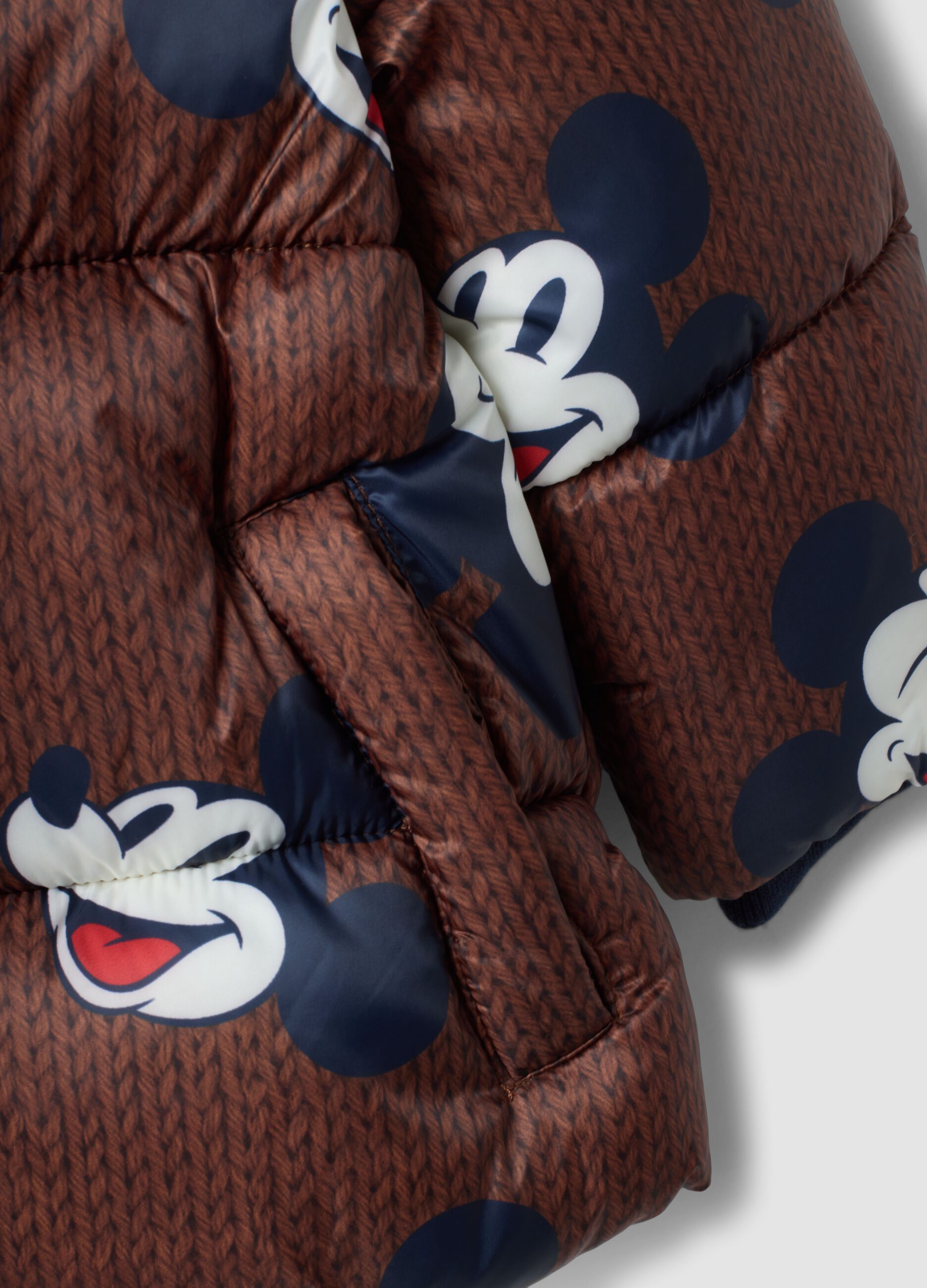 Brown padded jacket with hood and Mickey & Friends print