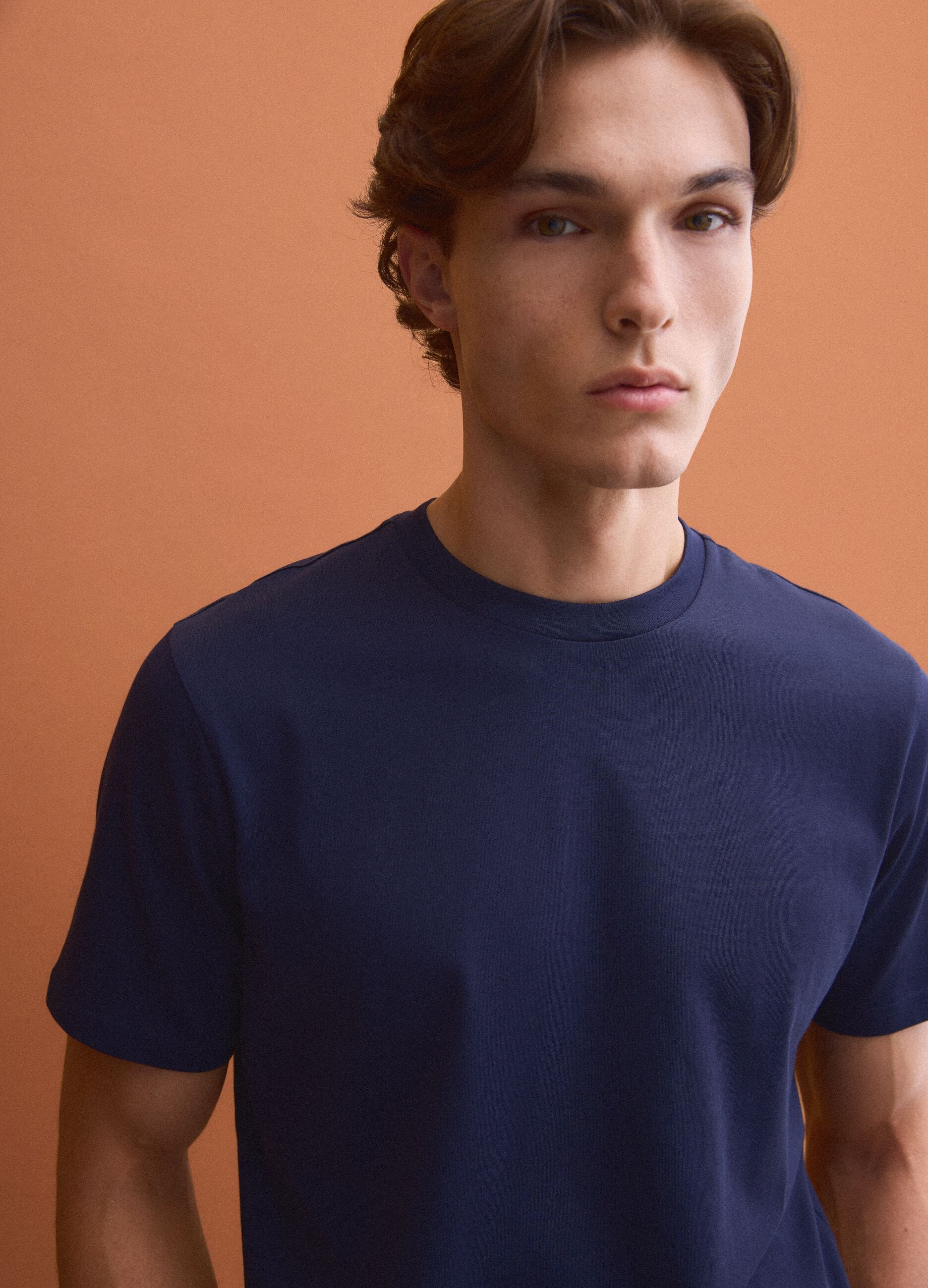 Blue pure cotton crew-neck T-shirt, regular fit