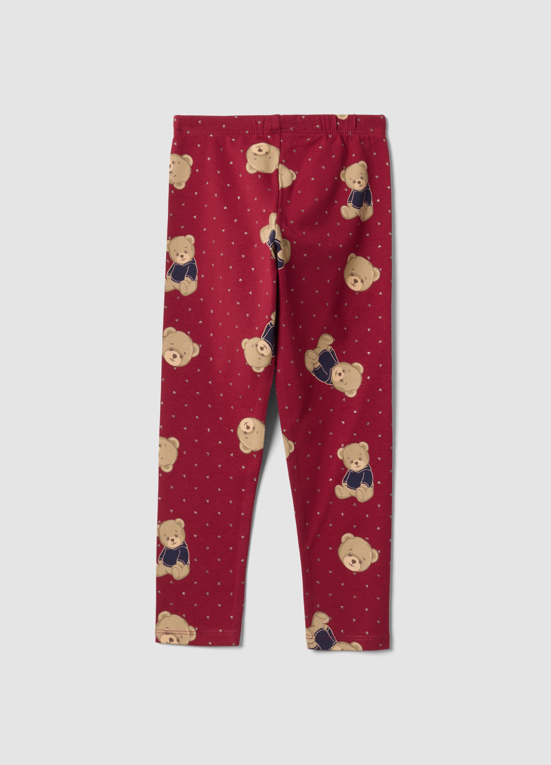 Leggings rossi in cotone organico elasticizzato con stampa orsetti per bambina