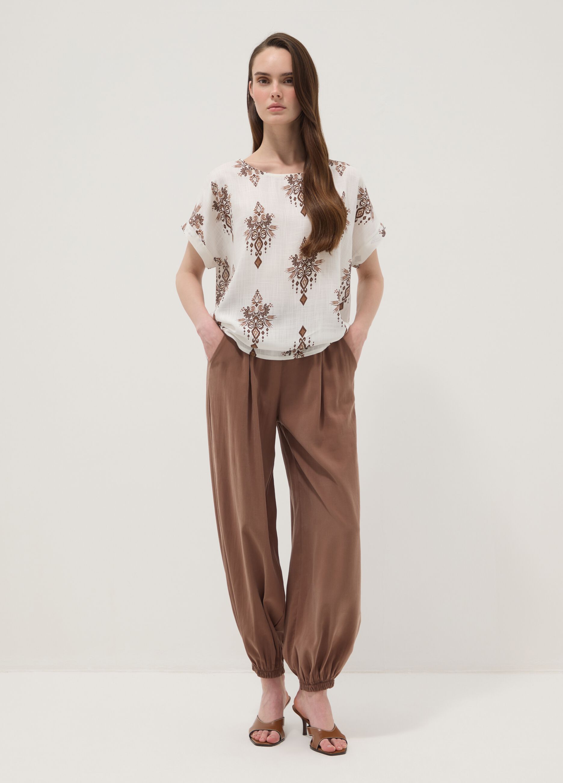 White pure viscose blouse with brown print, regular fit