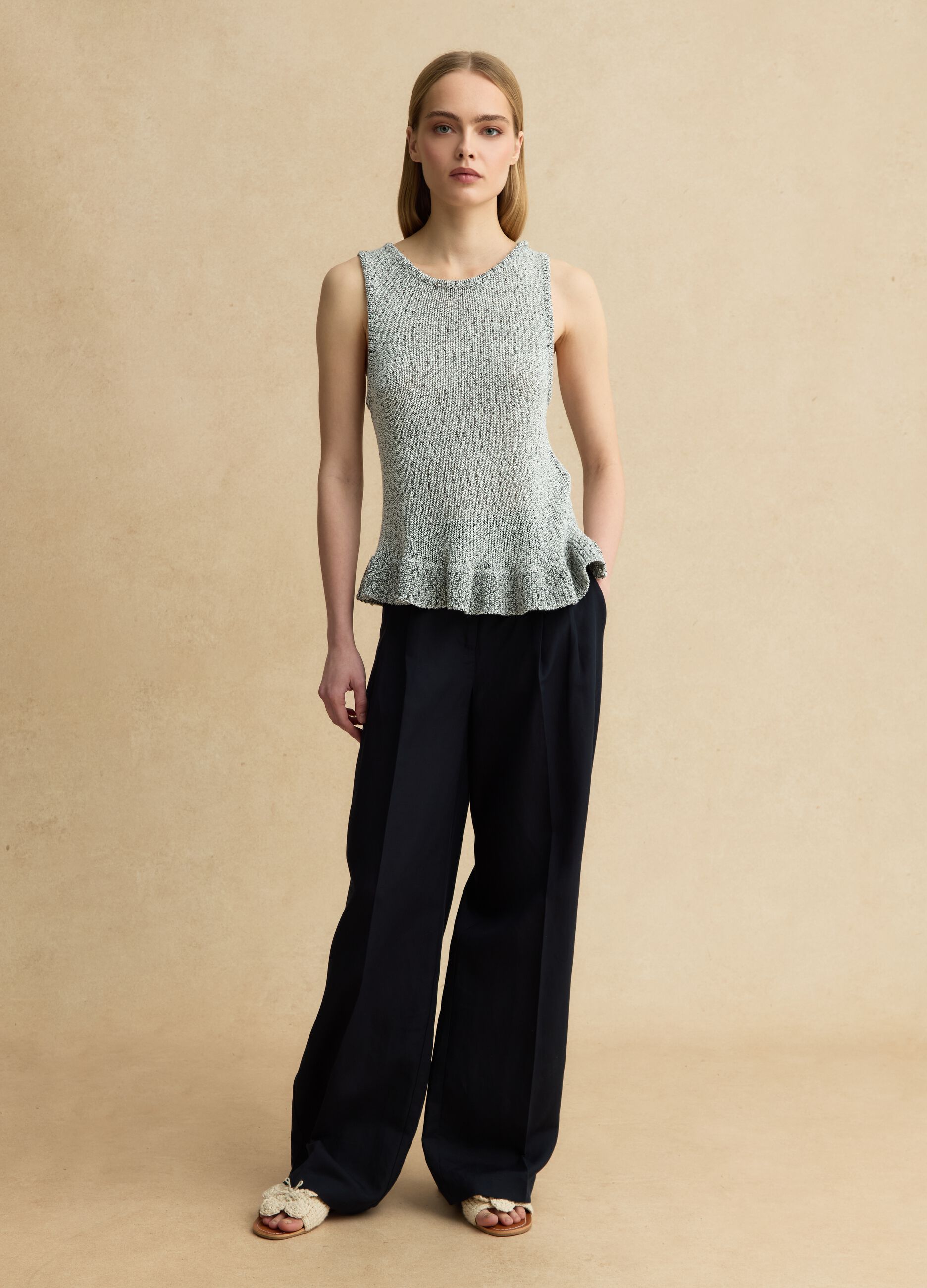 Black and White Regular Fit Knit Top with Frill