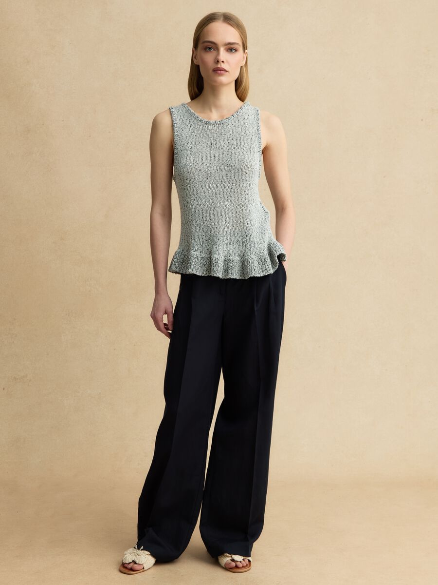 Black and White Regular Fit Knit Top with Frill_1