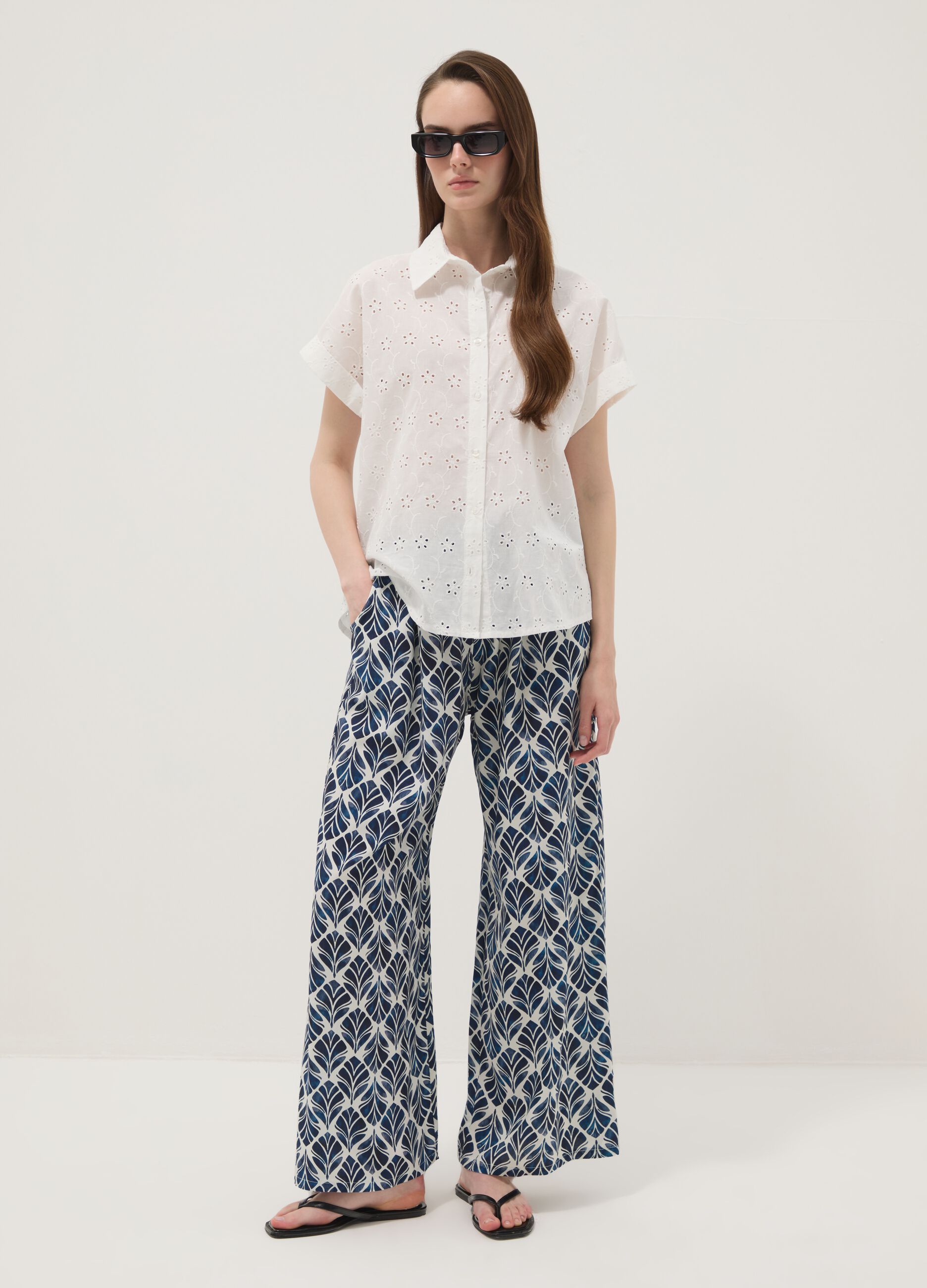Blue pure viscose wide-leg patterned trousers, regular fit