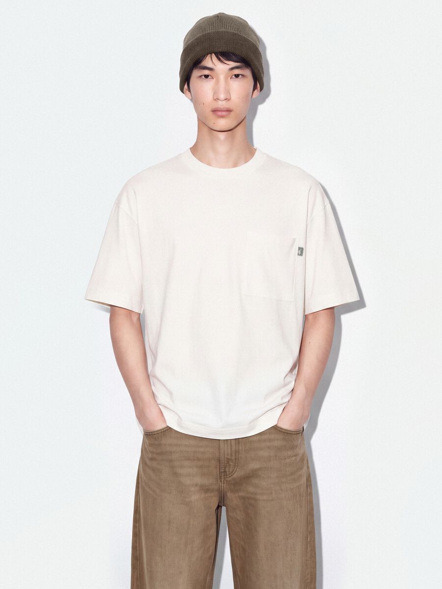 White pure cotton crew-neck T-shirt with chest pocket, boxy fit_0